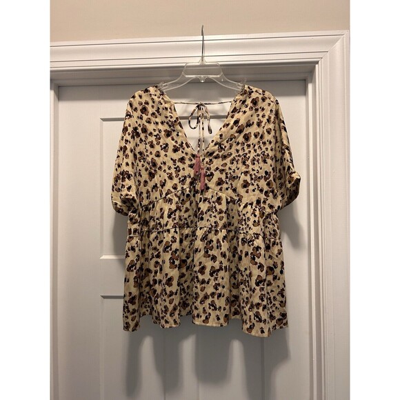 New Entro Brown Tan Leopard V Neck Babydoll Top Size Large Boho Loose Tassels - Picture 1 of 6